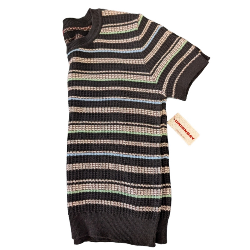 UNIONBAY Cropped Black Boyfriend Multi-Striped Short-Sleeve Knit Top
